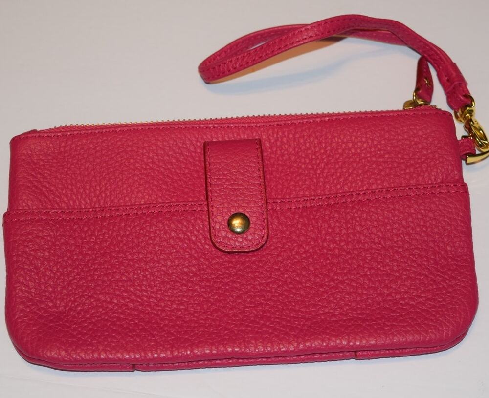 LODIS Wristlet Wallet Hot Pink Pebbled Leather 2 Pockets Zipper Removable Strap